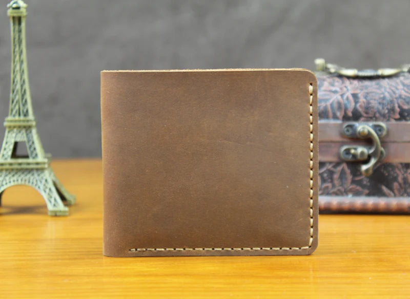 Vintage Crazy Horse Leather Wallet - Handmade Men's Bifold with Money Clip