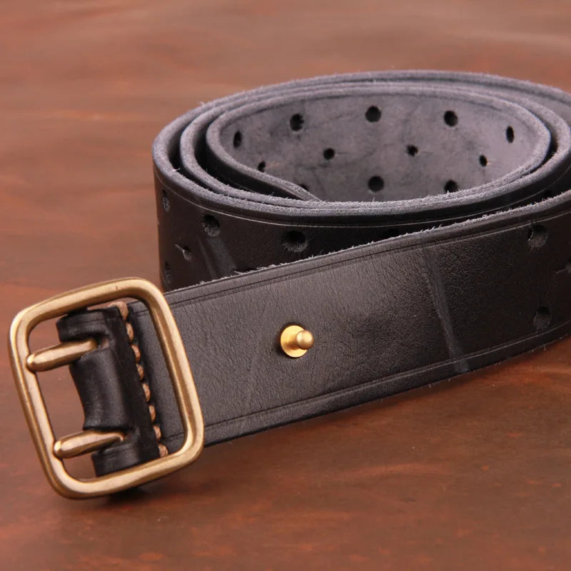 Men's Genuine Leather Double-Pin Copper Buckle Belts