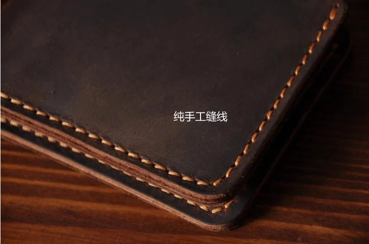 Vintage Crazy Horse Leather Wallet - Handmade Men's Bifold with Money Clip