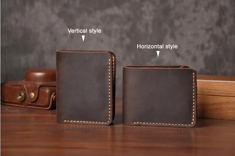 Vintage Crazy Horse Leather Wallet - Handmade Men's Bifold with Money Clip