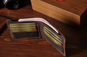 Vintage Crazy Horse Leather Wallet - Handmade Men's Bifold with Money Clip