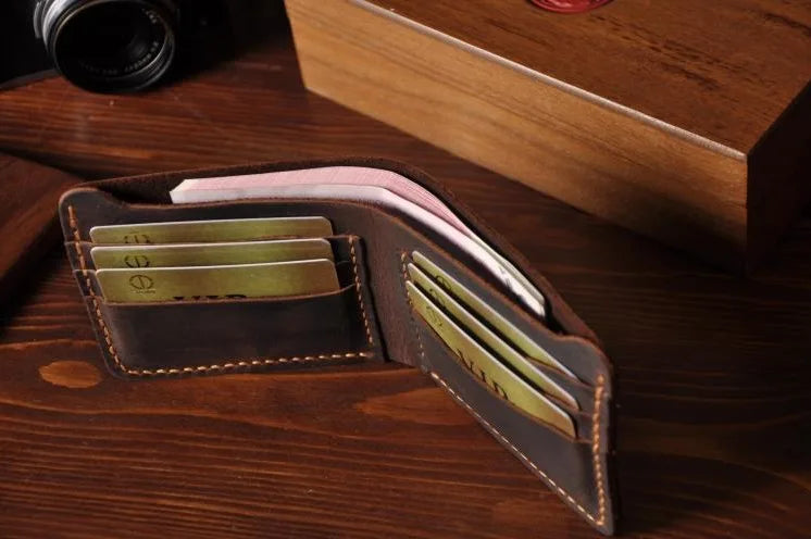 Vintage Crazy Horse Leather Wallet - Handmade Men's Bifold with Money Clip