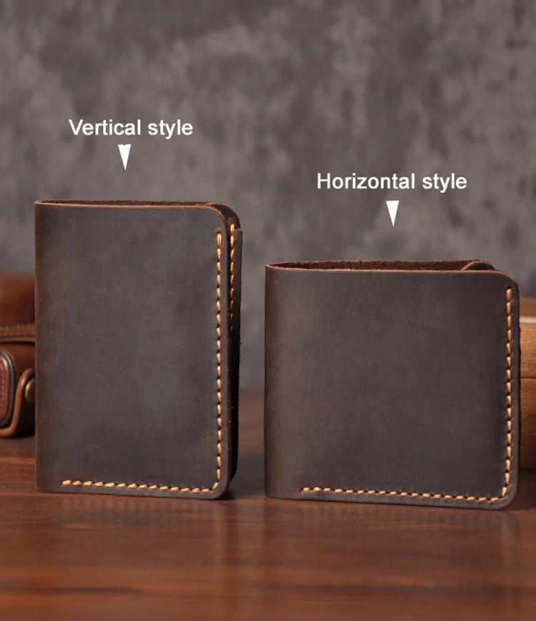 Vintage Crazy Horse Leather Wallet - Handmade Men's Bifold with Money Clip