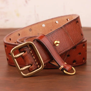 Men's Genuine Leather Double-Pin Copper Buckle Belts