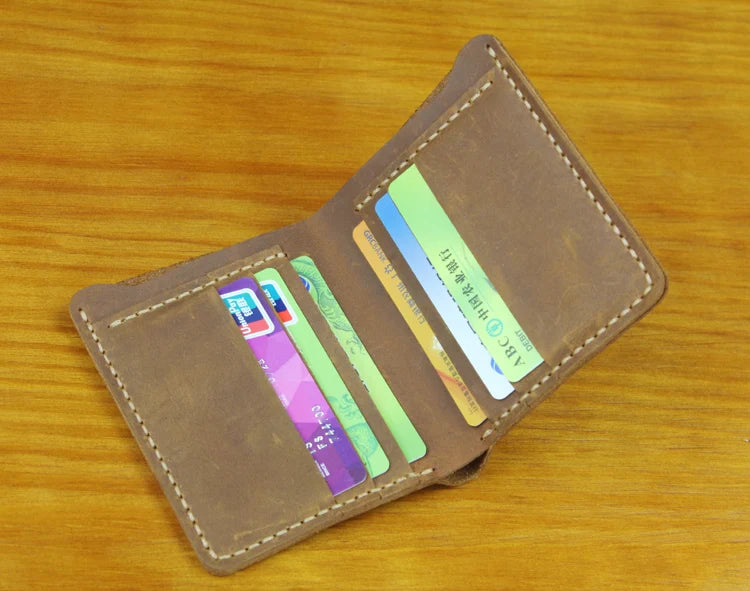 Vintage Crazy Horse Leather Wallet - Handmade Men's Bifold with Money Clip