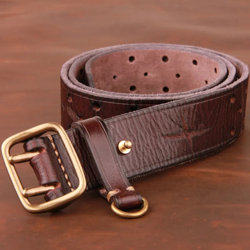 Men's Genuine Leather Double-Pin Copper Buckle Belts