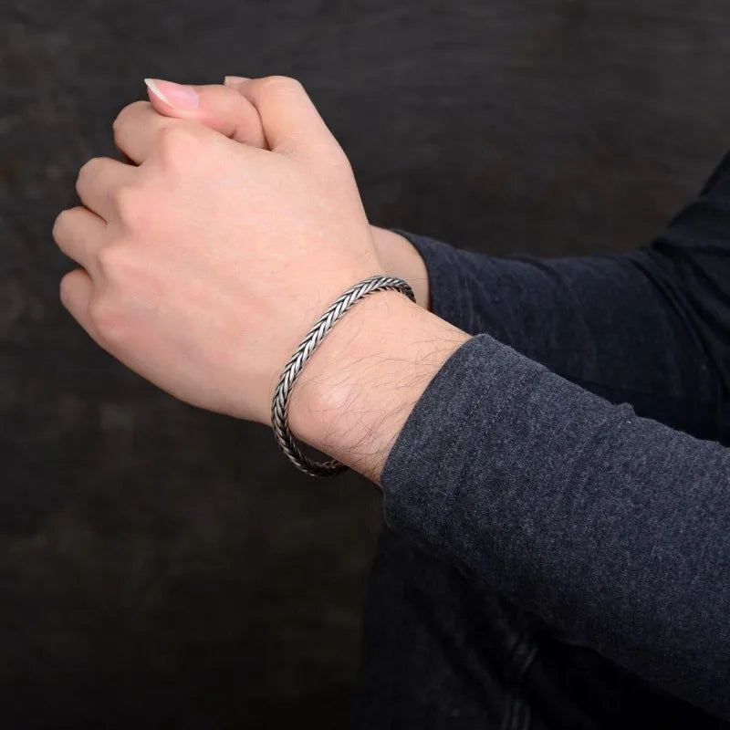 Handmade S925 Sterling Silver Bracelet - Retro Woven Style