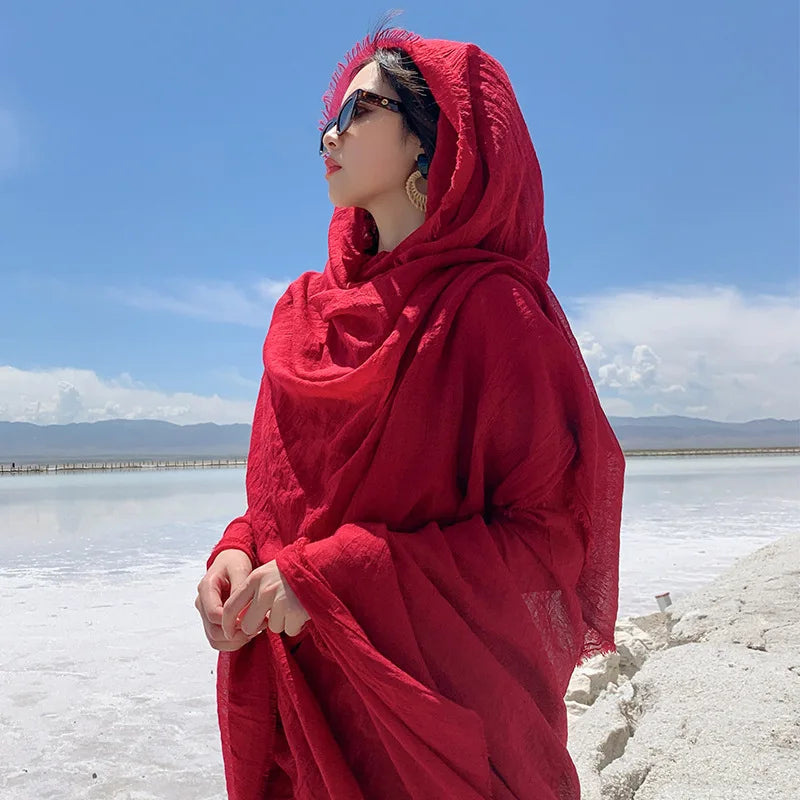 Red Photo Print Beach Scarf - Cotton Linen Sunscreen Shawl for Women's Travel