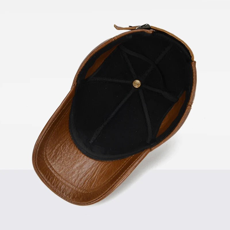 Adjustable Men's Genuine Cowhide Leather Baseball Cap - Fall Winter Sports Hat