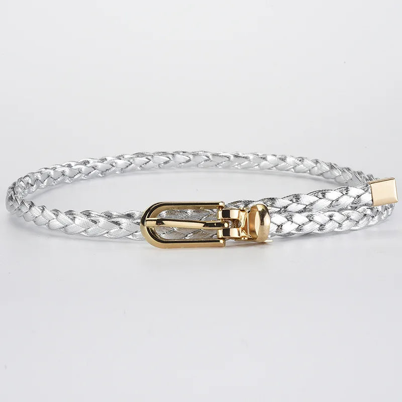 0.8cm Thin Braided PU Leather Belt - Women's Pin Buckle Waistband 110cm