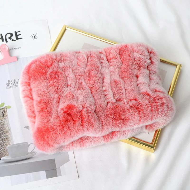 Real Rex Rabbit Fur Scarf - Women's Handmade Knit Cowl & Headband for Winter