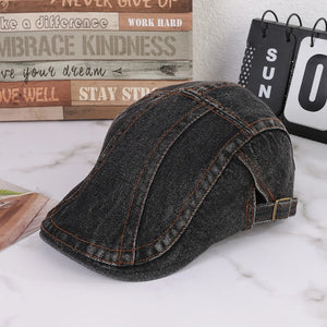 Retro Washed Denim Flat Cap - Adjustable Cotton Sunshade Hat