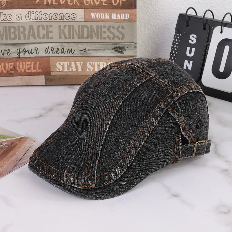 Retro Washed Denim Flat Cap - Adjustable Cotton Sunshade Hat
