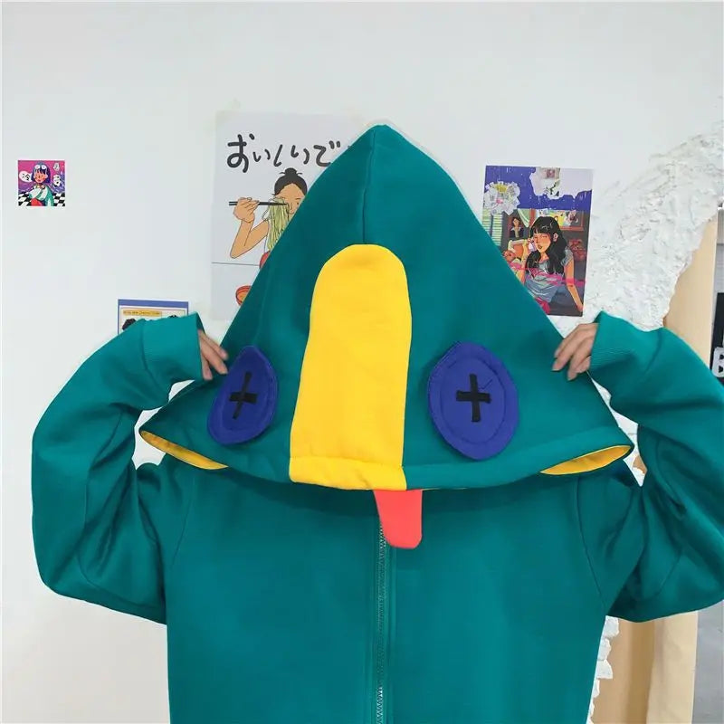 Loose Fit Frog Hoodie - Men's Plus Size Korean Style Fleece Lined Pullover