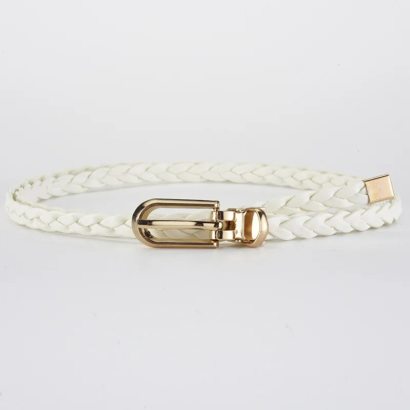 0.8cm Thin Braided PU Leather Belt - Women's Pin Buckle Waistband 110cm