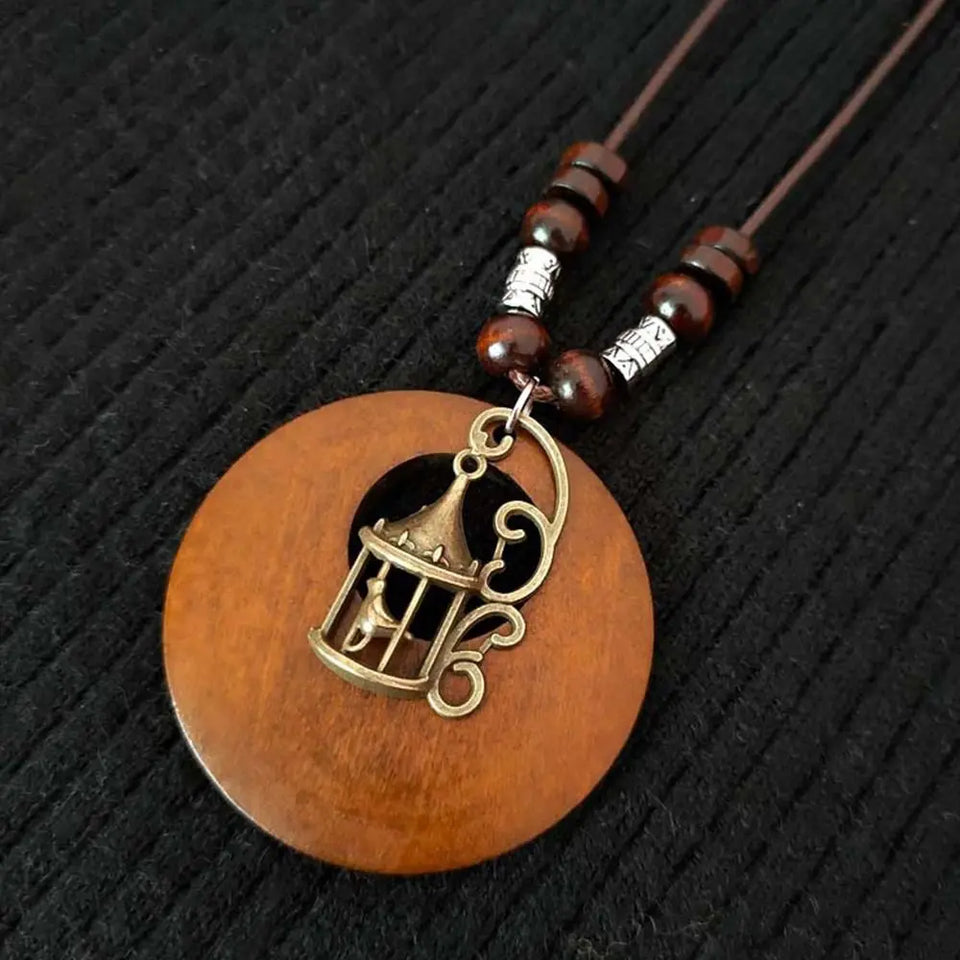 Retro Wooden Leaf Owl Necklace - Women's Long Chain with Clock Pendant Jewelry