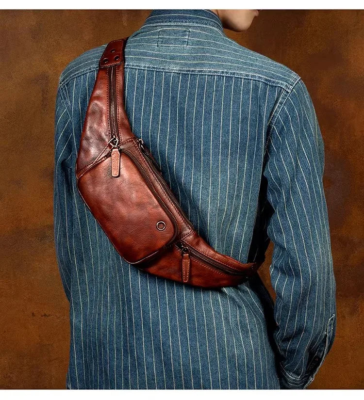 Vegetable Tanned Cowhide Waist Bag - Multi-Functional Vintage Leather