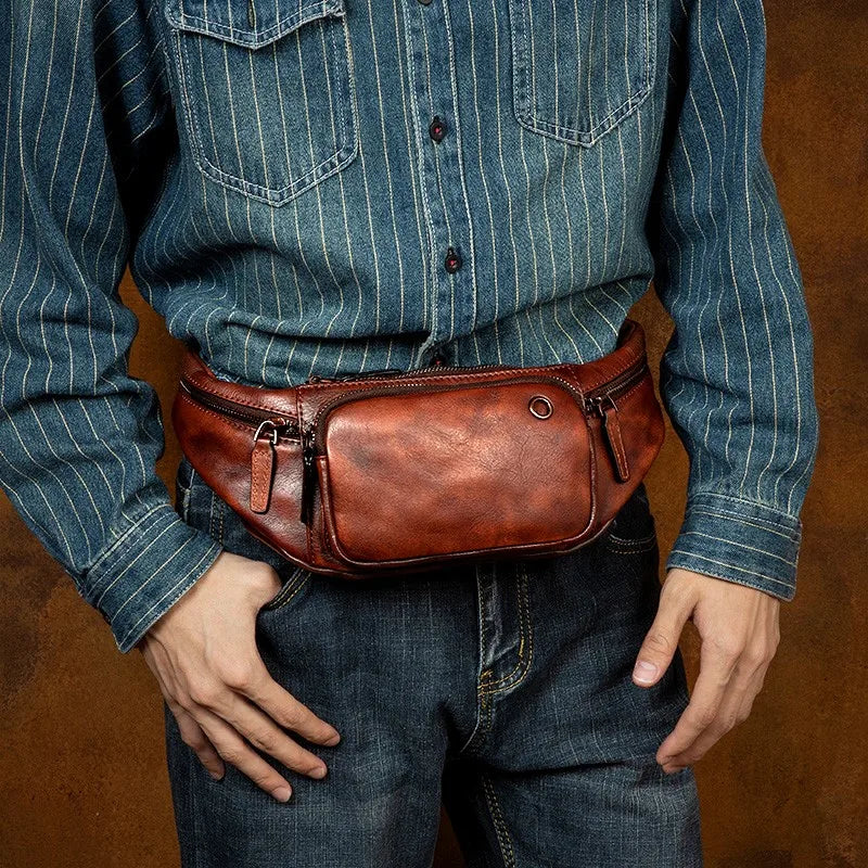 Vegetable Tanned Cowhide Waist Bag - Multi-Functional Vintage Leather