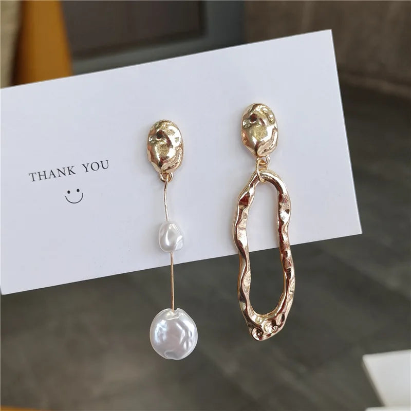 Asymmetric Freshwater Pearl Studs - Elegant Long Metallic Earrings