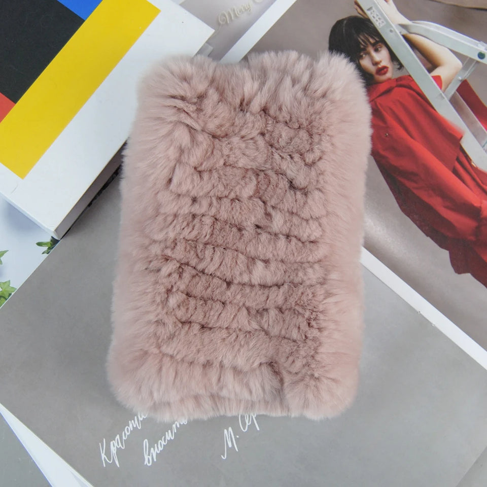 Real Rex Rabbit Fur Scarf - Women's Handmade Knit Cowl & Headband for Winter