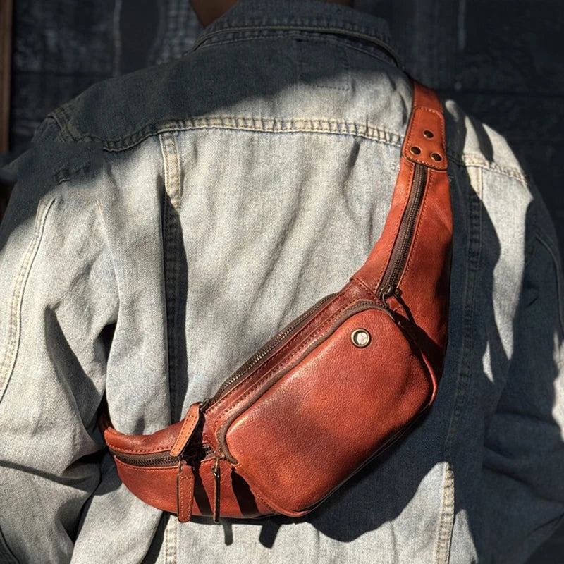 Vegetable Tanned Cowhide Waist Bag - Multi-Functional Vintage Leather