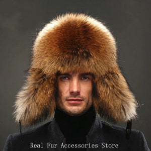 Men's Luxury Fox Fur Hat - 100% Sheepskin Ushanka with Ear Flaps