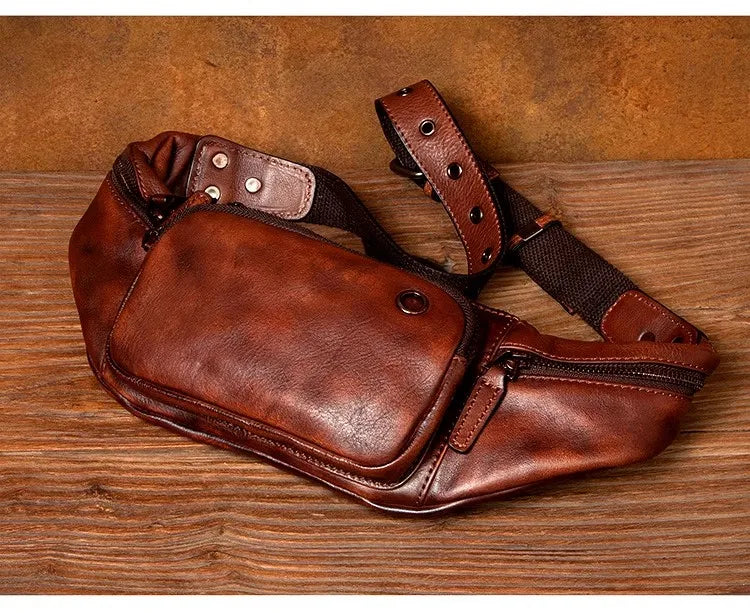 Vegetable Tanned Cowhide Waist Bag - Multi-Functional Vintage Leather