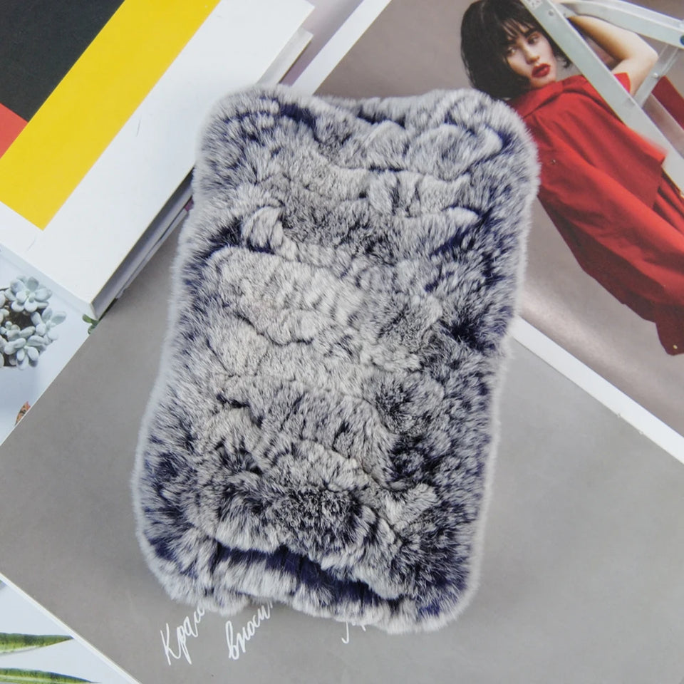 Real Rex Rabbit Fur Scarf - Women's Handmade Knit Cowl & Headband for Winter