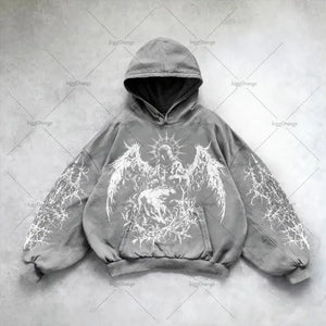 Men's Harajuku Wing Print Hoodie - Y2K Punk Street Style