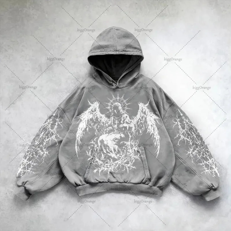 Men's Harajuku Wing Print Hoodie - Y2K Punk Street Style