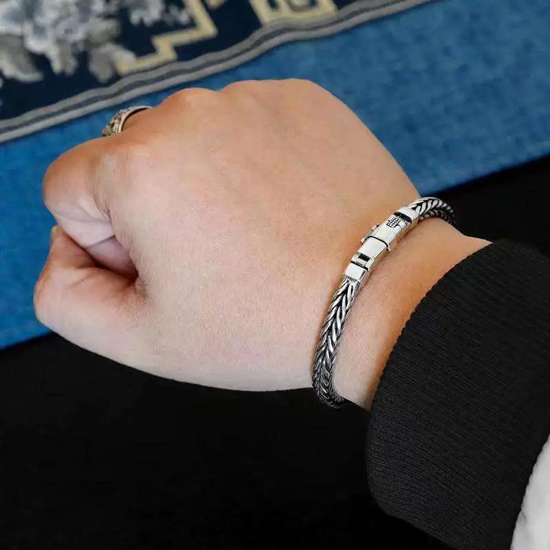 Handmade S925 Sterling Silver Bracelet - Retro Woven Style