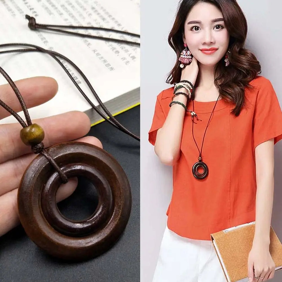 Retro Wooden Leaf Owl Necklace - Women's Long Chain with Clock Pendant Jewelry