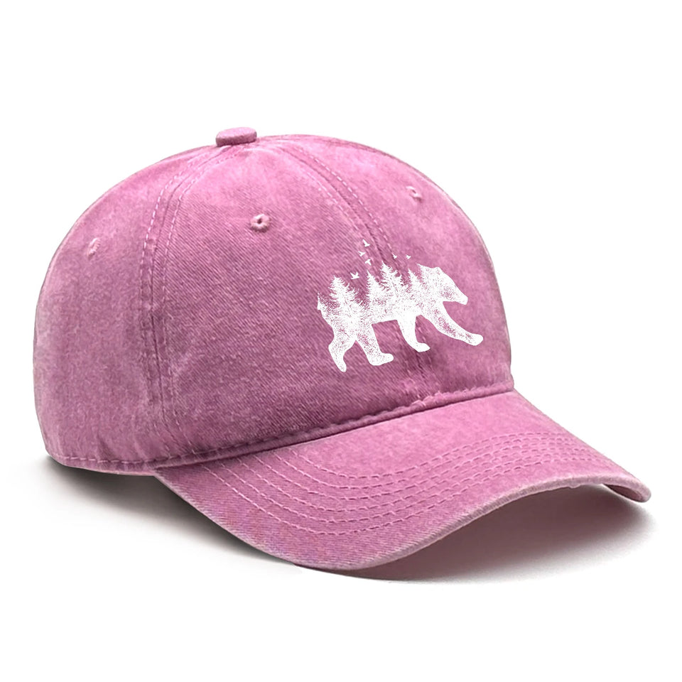 Washed Cotton Snapback Cap - Forest Bear Distressed Baseball Hat