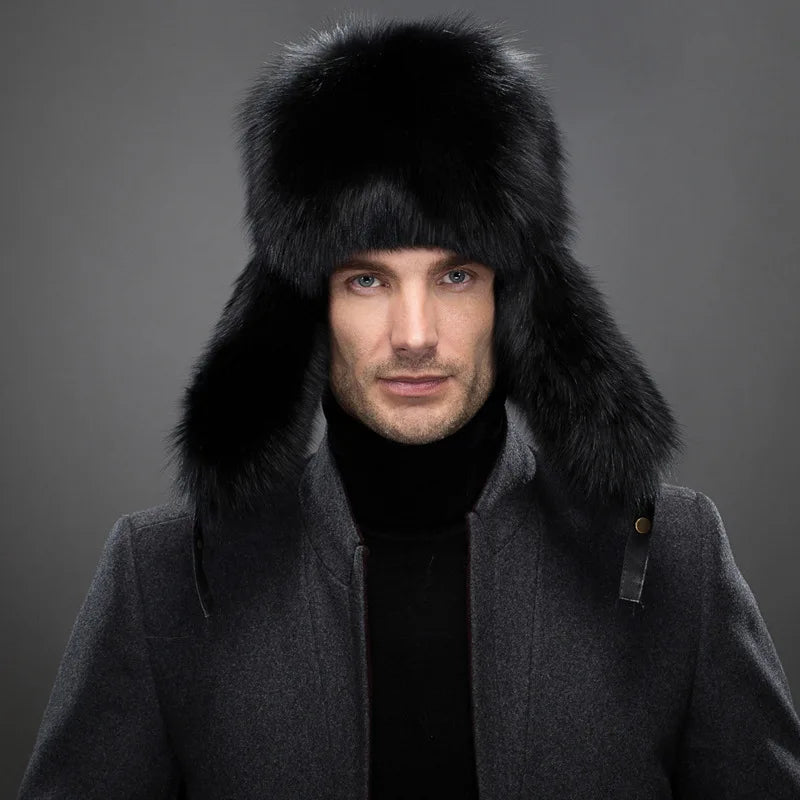 Men's Luxury Fox Fur Hat - 100% Sheepskin Ushanka with Ear Flaps