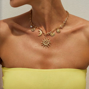 Ingemark Vintage Heart Sun Moon Necklace - Creative Alloy Chain Choker for Bridal Jewelry