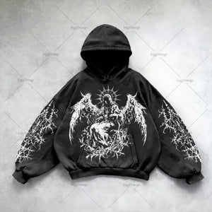 Men's Harajuku Wing Print Hoodie - Y2K Punk Street Style