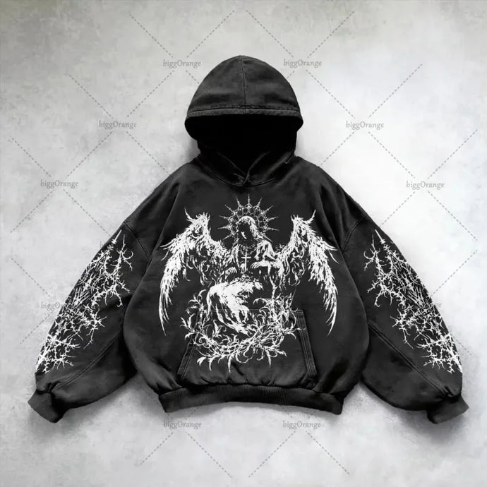 Men's Harajuku Wing Print Hoodie - Y2K Punk Street Style