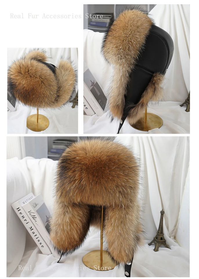 Men's Luxury Fox Fur Hat - 100% Sheepskin Ushanka with Ear Flaps