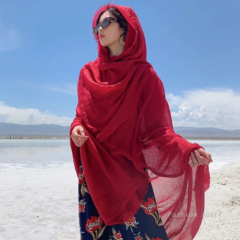 Red Photo Print Beach Scarf - Cotton Linen Sunscreen Shawl for Women's Travel