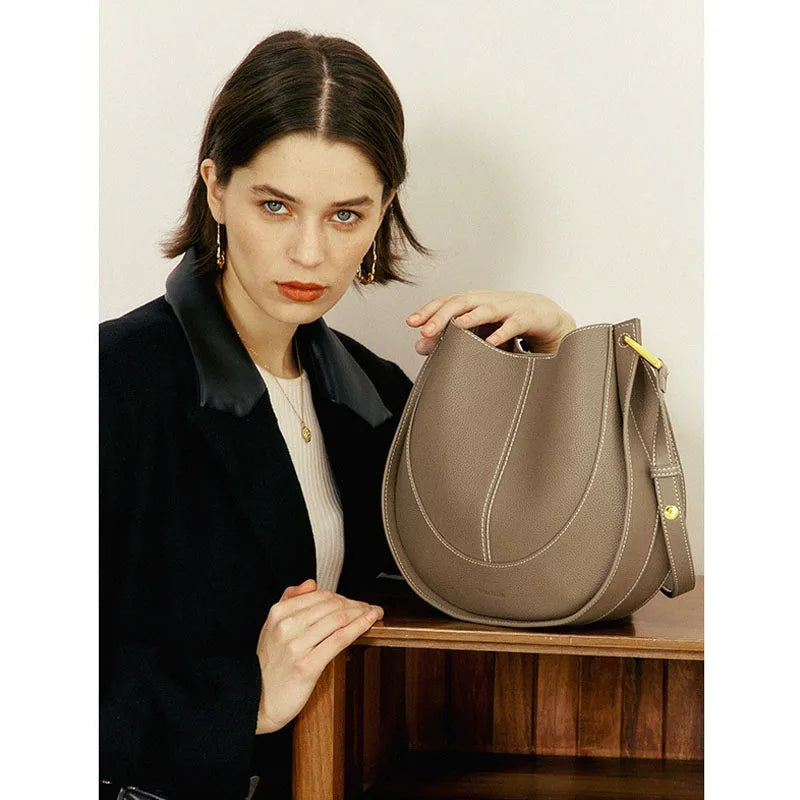 Large Capacity Bucket Bag for Women - Soft Leather Crossbody with Saddle Style