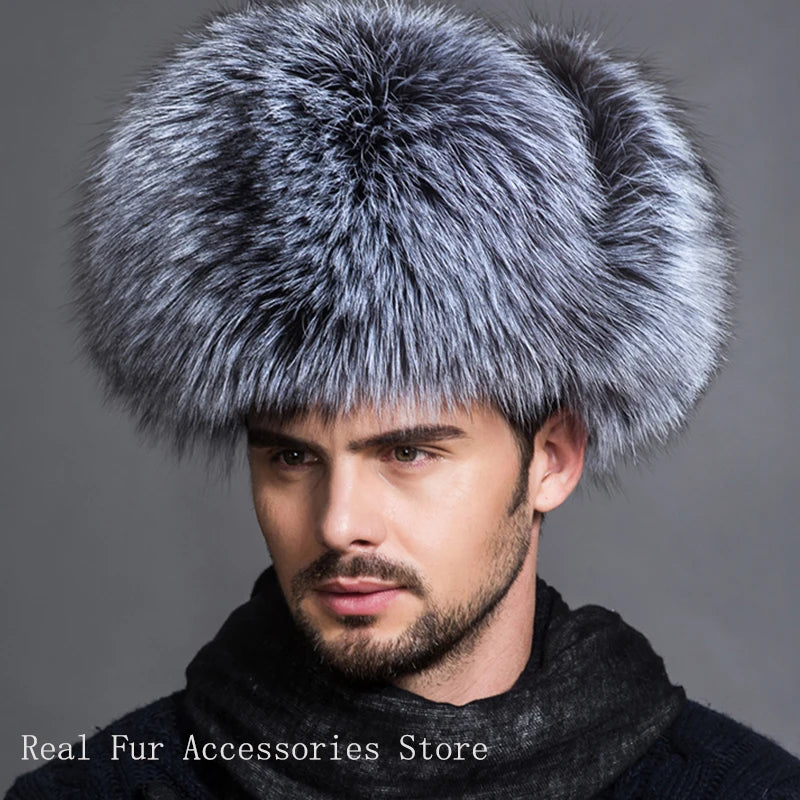Men's Luxury Fox Fur Hat - 100% Sheepskin Ushanka with Ear Flaps