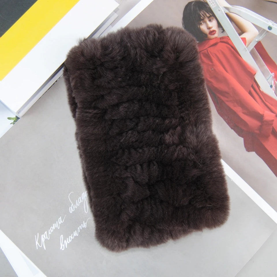 Real Rex Rabbit Fur Scarf - Women's Handmade Knit Cowl & Headband for Winter