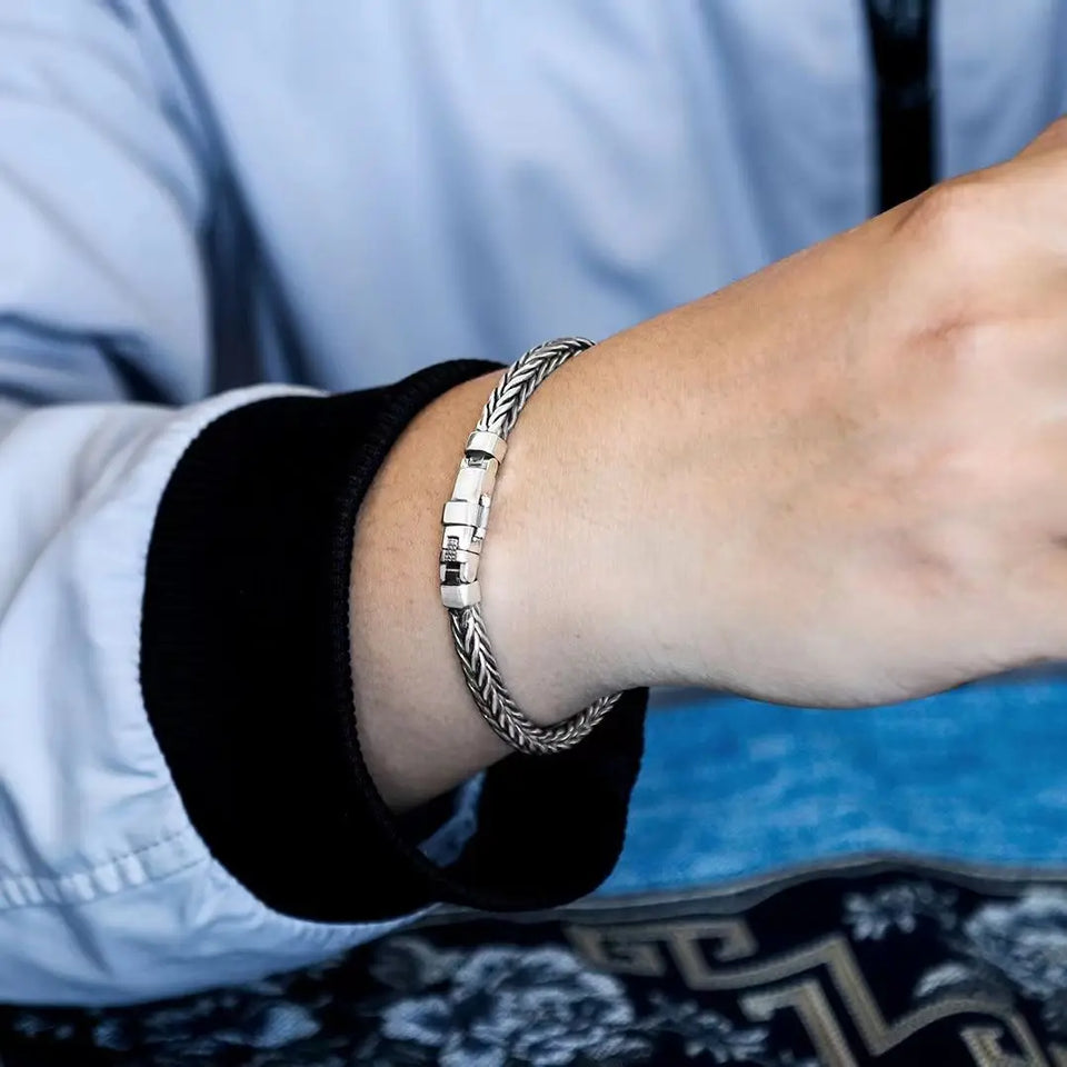 Handmade S925 Sterling Silver Bracelet - Retro Woven Style
