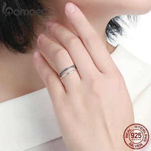 Double Circle Sterling Silver Ring - Black Clear CZ Stackable Women's Fine Jewelry