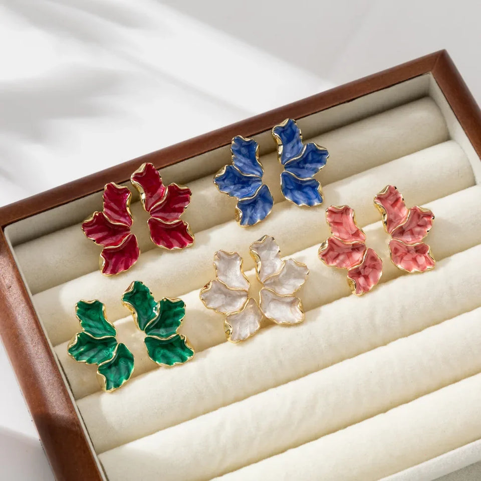 Statement Metal Flower Earrings - Women's Cream & Gold-Plated Fashion Studs