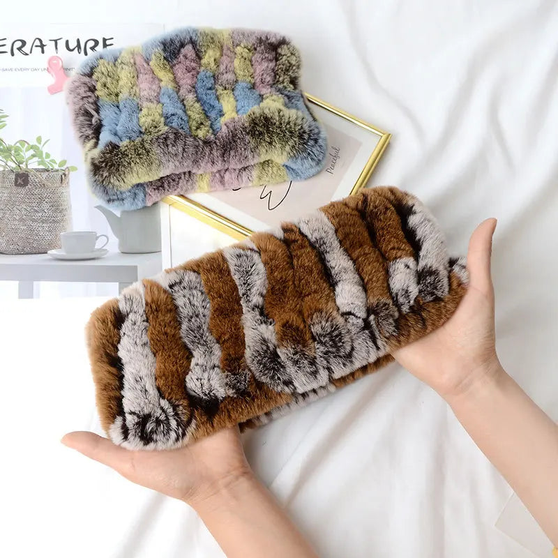 Real Rex Rabbit Fur Scarf - Women's Handmade Knit Cowl & Headband for Winter
