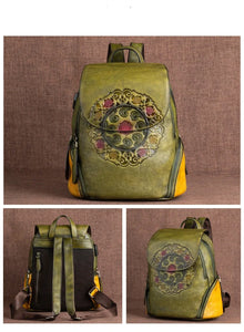 Elegant Women's Leather Backpacks with Embossed Floral Design