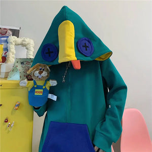 Loose Fit Frog Hoodie - Men's Plus Size Korean Style Fleece Lined Pullover