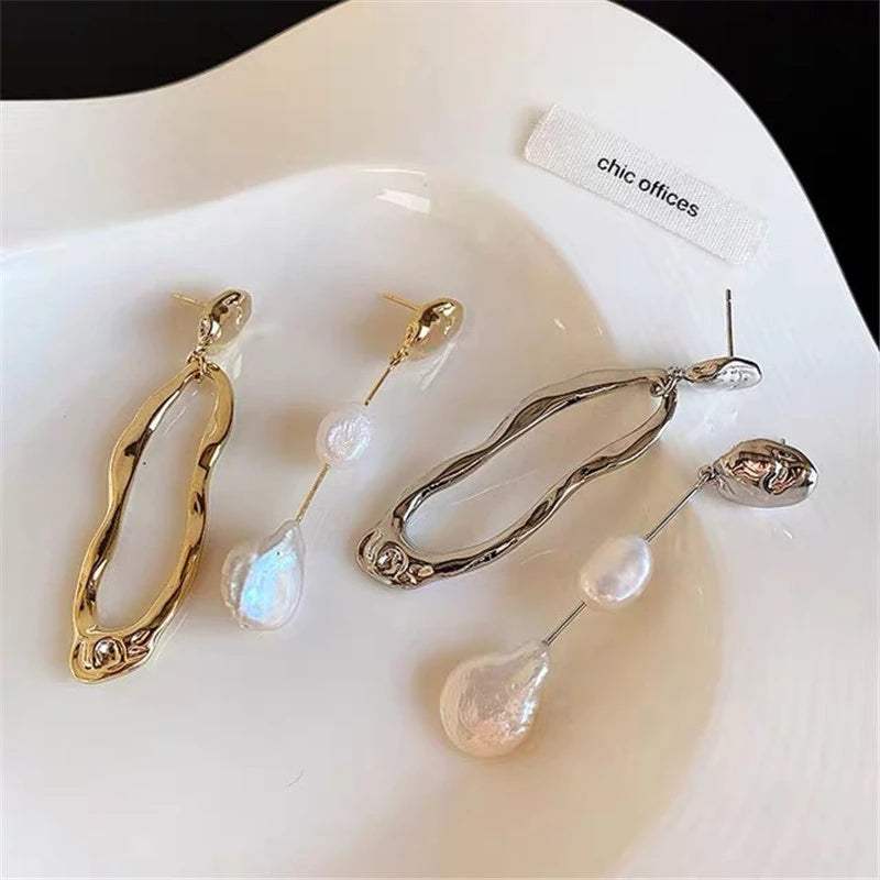 Asymmetric Freshwater Pearl Studs - Elegant Long Metallic Earrings