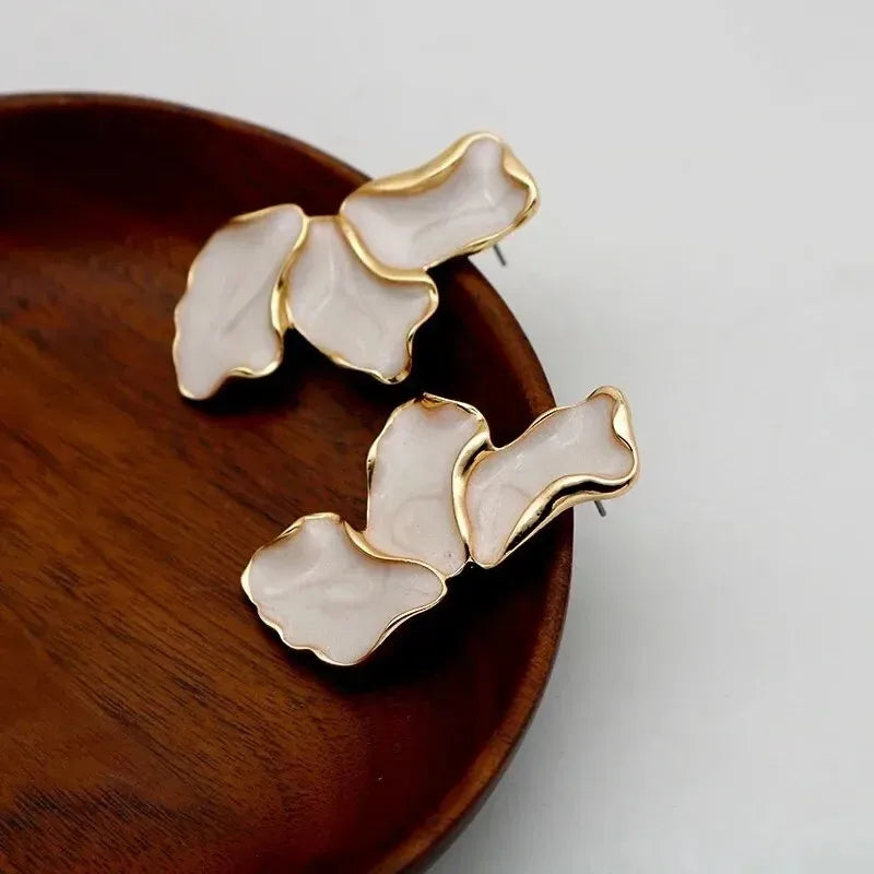 Statement Metal Flower Earrings - Women's Cream & Gold-Plated Fashion Studs